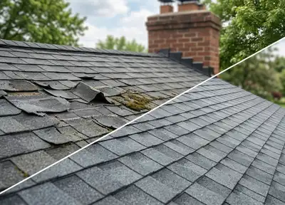 A before-and-after comparison of a home after roof replacement or roof repair.